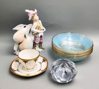 Beautiful Eurpoean cup & saucer, Glass bowls, heavy glass paper weight, figurine and more