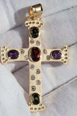 CROSS PENDANT 14K GOLD GARNET DIAMOND AMETHYST...