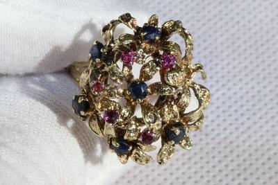 RUBY SAPPHIRE RING 14K YELLOW GOLD NATURAL FLOWER...