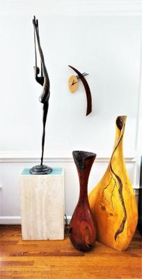 Contemporary at it's best...Handcarved wooden vessels, danish influence wall clock, and Incredible BRONZE Ballerina