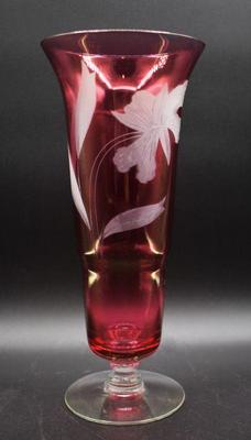cranberry glass etched vase