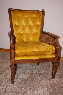 Doesnt get any more 70's than gold velour caned side chairs in very good clean condition. 
