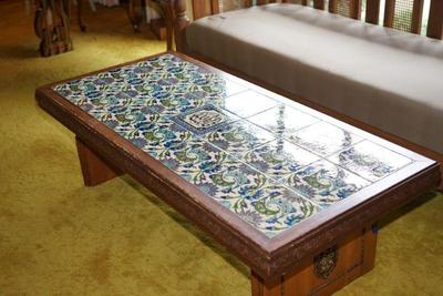 Turkish tile top vintage table with wrought iron accents, very unique 