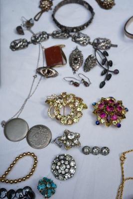 Vintage sterling and rhinestone jewelry to include Eisenburg brooch 