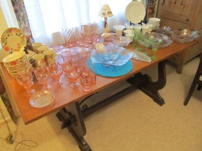 Large collection of fine china, dinnerware, Mikasa, & antique pink & green depression glass.