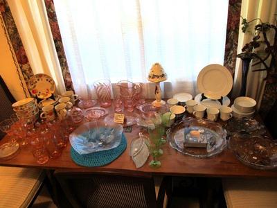 Large collection of fine china, dinnerware, Mikasa, & antique pink & green depression glass.