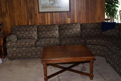 Ethan Allen Sofa sectional of very appealing colored pattern fabric. 