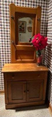 Antique pine chest with mirror and hat rack