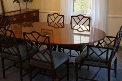 Baker dining room table with two leaves and pads. 
Chairs of different style.. selling seperatly. Set of six chairs. 