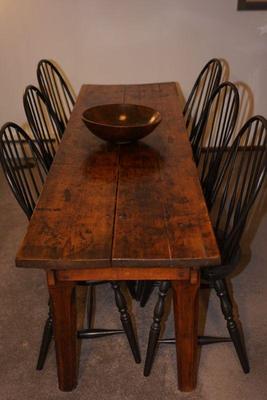 Wonderful antique Farm table or Harvest table .with Windsor chairs not old but of good quality. 