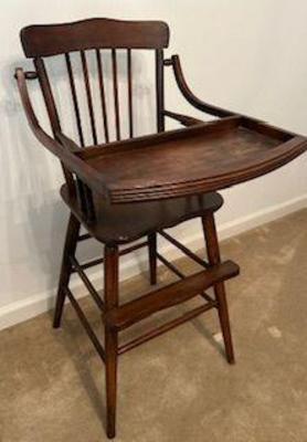 Antique Walnut High Chair with Fold Up Tray