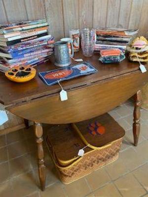 Pine Drop Leaf table and Clemson memorabilia