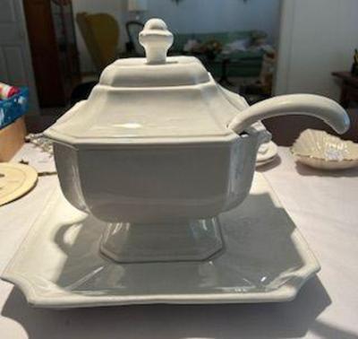 White Soup Tureen with Platter and Ladle 