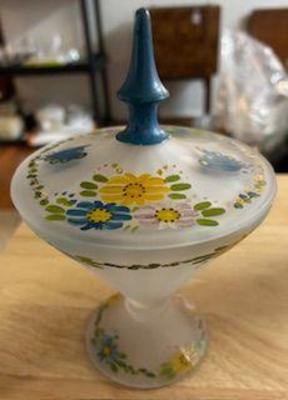 Antique Satin Glass Hand Painted Candy Dish