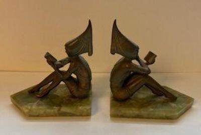 Art Nouveau Bronze and Marble Bookends
