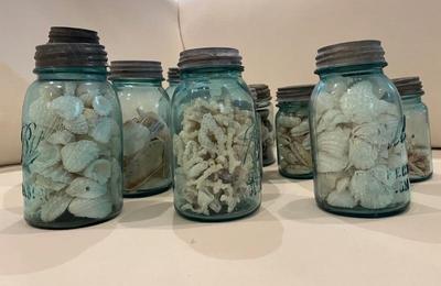 10 x Various size vintage mason jars with zinc lids filled with shells $15-$20 each