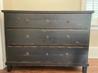 Antiqued black painted 3 drawer chest $400