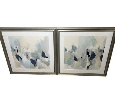 Pair Of Abstract Indigo, Grey & White Giclee Prints