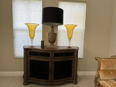 Bernhardt Belgian Oak Buffet- French Truffle Finish, Lg Urn Lamp & Amber Glass Vases