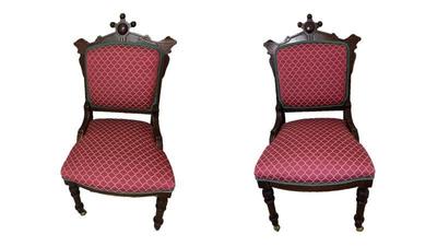 Pair Of Victorian Eastlake Side Chairs In Red & Green Upholstery