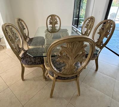 Renaissance Glass & Wood Pedestal Dining Table & 6 Chairs