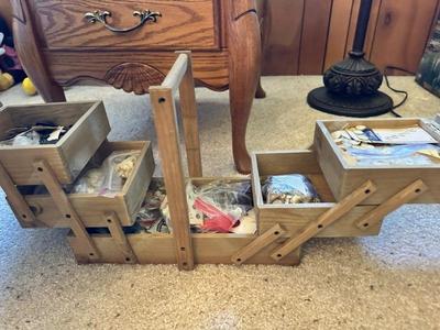 Wood sewing box - open 3 tiers (side view)