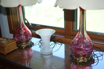 pair of cranberry cut to clear table lamps 