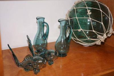 Japanese blown glass fishing ball, handled vases and two hand blown fish decor