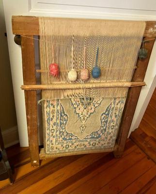 Wooden Rug Loom with incomplete Pakistan Rug