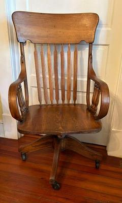 Antique Oak Swivel Desk Chair with Bentwood Arms