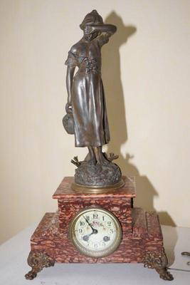 French mantel clock with marble base, spelter figurine. Pendulum style. not working. 