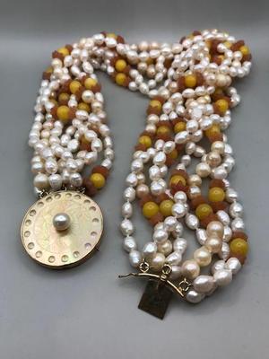 saltwater pearls, cultured pearls, jade and gold necklace