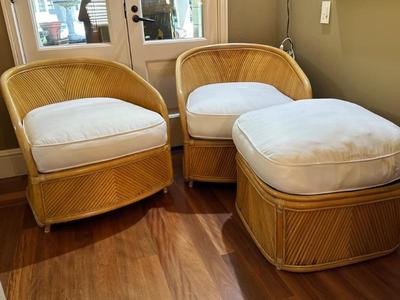 Pair of pencil bamboo chairs and ottoman