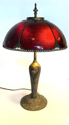 Antique table lamp w/ paneled cranberry glass shade