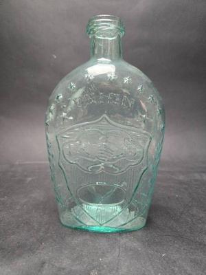 Historical Flask Clasped Hands With The Word Union Over Them And Shield Blue Green Mid 1800's