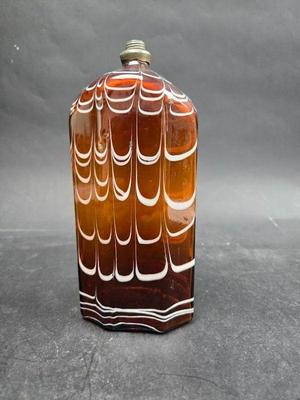 French Or Swiss Late 1800's Brown Glass Bottle With White Threads Faceted Good Condition For Age 