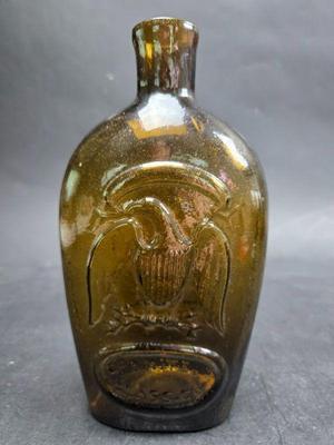 Double Eagle Amber Glass Pint Flask - Granite Glass Company - Stoddard NH - Rough Pontil 8 In. Perfect Lip