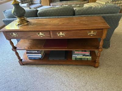 Ethan Allen sofa table with drawers & shelves