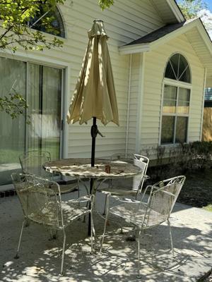 Woodard Iron Table with 4 chairs, Umbrella and stand