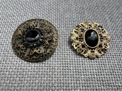 Duo Of Vintage Gilt Metal & Black Stone Brooches