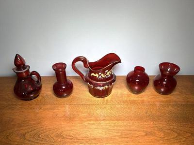 Vintage Grouping Of Ruby Red Glass, Including Bohemian Pitcher