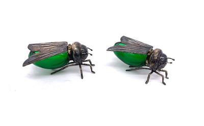 Pr. unusual Camusso sterling honey pots in the form of honey bees. Blown glass bodies. One hinge needs repair.