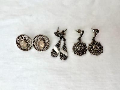 Three Pairs Of Sterling Silver Marcasite Earrings