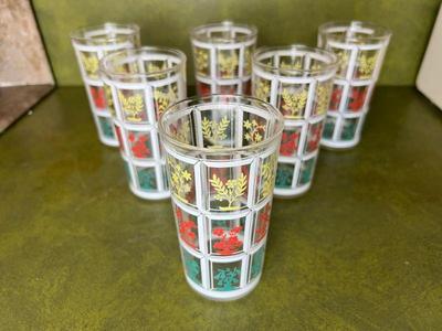 Mid Century Juice Glasses White Window With Flowers Pattern
