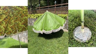 Vintage Green & Floral Vinyl Macon NYC Patio Umbrella With Stand