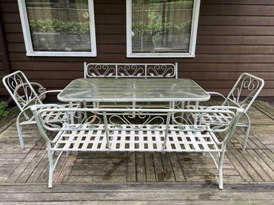Vintage Patio Dining Table With Two Benches & Two Chairs