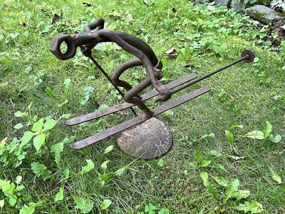 Signed Brutalist Recycled Metal Skier Garden Sculpture