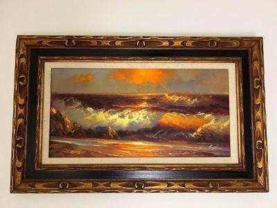 Mid 20th Century Coastal Sunset Painting Signed Engel