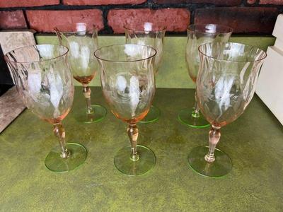 Set Of Six Weston Pink & Uranium Green Stemmed Glasses