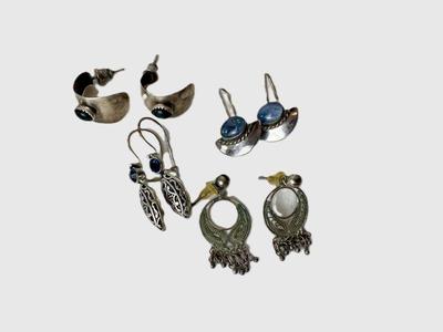 Four Pairs Silver Tone Earrings
